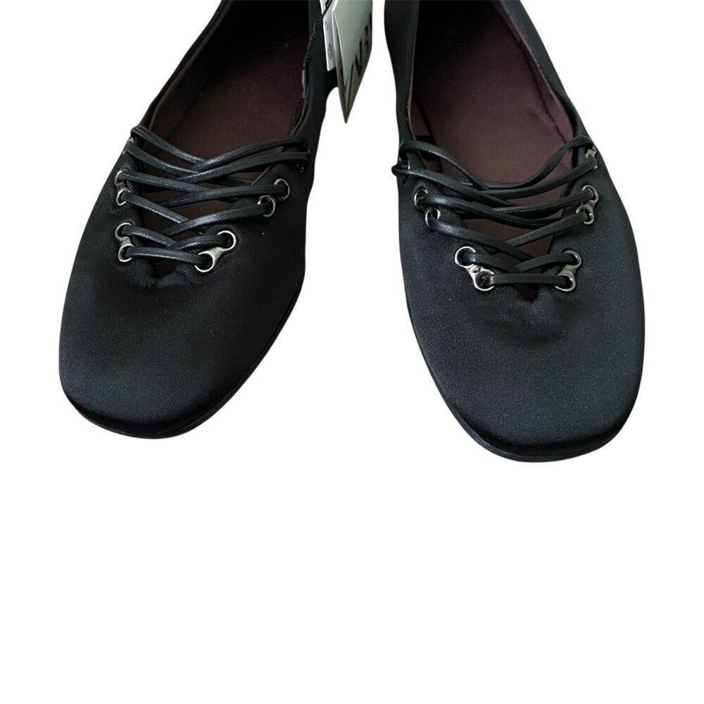ZARA Satin Effect Ballet Flats Black Size 6.5 Crisscross Lace-Up Chic Trendy - Picture 8 of 8